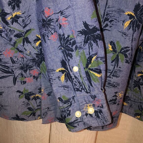 Nautica XXL Chambray Tropical Print Blue Button Down Casual Long Sleeve Shirt - Picture 8 of 13